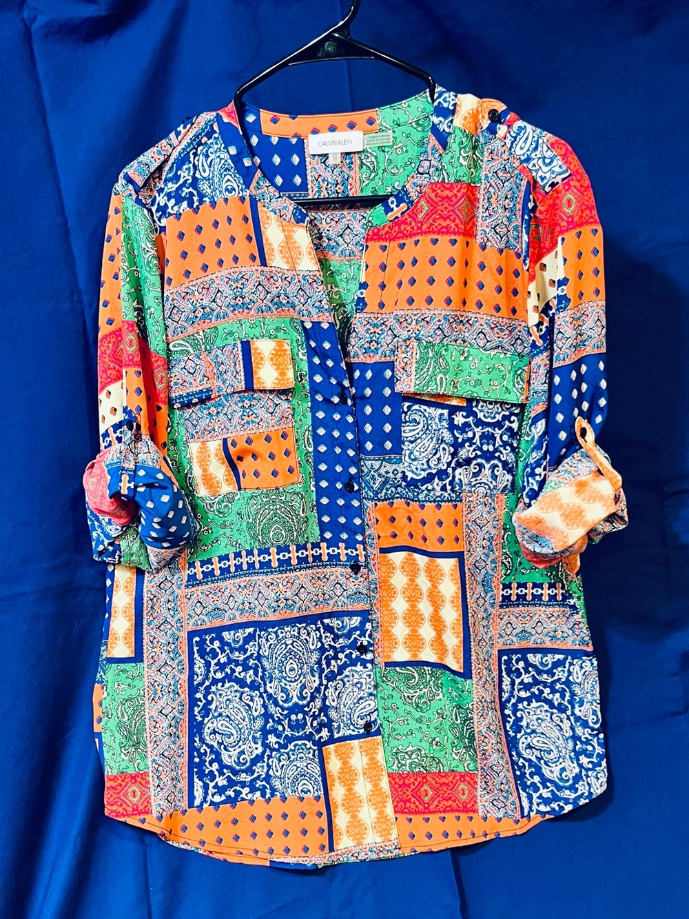 Calvin Klein XL Patchwork Paisley Button Front Tunic Blouse Multicolor Boho